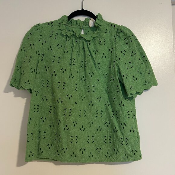 Sezane Louisah Blouse - Sz. 40 (US 8), Bright Green Eyelet S/Slv Blouse - Picture 4 of 7